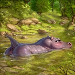 1:1 ai_generated anus colored common_hippopotamus detailed detailed_background female feral genitals grey_body grey_skin hi_res hippopotamid lungfish1223 mammal partially_submerged plant presenting pussy raised_tail red_eyes solo tree water zoophilia