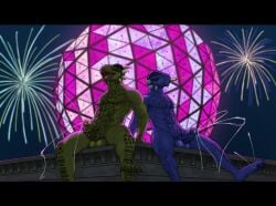 absurd_res anthro argonian balls bethesda_softworks big_balls blue_body blue_eyes blue_scales bodily_fluids cum cumshot digital_media_(artwork) duo ejaculation erection fireworks genital_fluids genitals hi_res holidays horn humanoid_genitalia humanoid_penis male male/male masturbation muscular muscular_anthro muscular_male new_year nude open_mouth orgasm penile penile_masturbation penis public public_masturbation reptile scales scalie shen_(archshen) smile spikes tall_lizzard_(artist) the_elder_scrolls tongue tristen