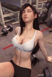 3d abs athletic_female barbell bare_shoulders black_hair breast_squeeze closed_eyes clothed clothed_female cute cute_face dumbbell ears_visible_through_hair female_focus final_fantasy final_fantasy_vii final_fantasy_vii_remake fit_female gym happy large_breasts pink_lipstick sitting_on_floor solo solo_female solo_focus sports_bra sports_shorts sportswear sreliata_(artist) supporting_body_with_arms thick_thighs tifa_lockhart very_long_hair white_sports_bra working_out workout workout_clothes