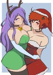 2girls ;) alternate_costume asymmetrical_docking bare_shoulders bare_thighs breast_press breasts bridal_gauntlets camilla_(fire_emblem) choker christmas collarbone dress female female_only fire_emblem fire_emblem_fates from_below hair_over_one_eye hat hinoka_(fire_emblem) in2naps large_breasts long_purple_hair looking_at_viewer looking_up medium_breasts multiple_girls nintendo one_eye_closed orange_eyes orange_hair purple_eyes purple_hair santa_hat short_hair short_red_hair shoulders smile thick_thighs thighhighs thighs wink