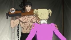 1boy 1boy1girl 2016 3d agitated angry anime berserk bigger_male black_hair blonde_hair blood clothed_female excited excited_female farnese female guts_(berserk) muscular muscular_male one_eye pale-skinned_female partially_nude scars screenshot size_difference smaller_female tied_hands whip