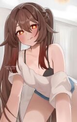 1girls all_fours bare_shoulders black_bra bra bra_peek breasts brown_hair cowgirl_position g_ya_170 genshin_impact gya_(144) hu_tao_(genshin_impact) licking_lips naughty_face red_eyes shirt small_breasts solo_female tongue_out twintails