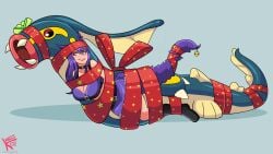 1girls boots cat_ears cat_tail catgirl choker christmas eelektross heterochromia jingle_bell misskoi pokémon_(species) pokemon pokemon_(species) purple_clothing purple_hair red_eyes restrained ribbon ribbon_bondage stargirlgames tail