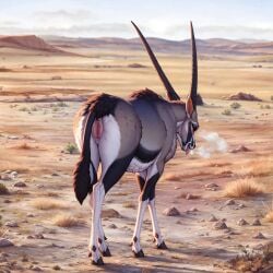 1:1 ai_generated antelope antelope_horn belly bovid bovid_horn colored desert detailed detailed_background female feral fur gemsbok genitals grazing_antelope hi_res horn lungfish1223 mammal oryx pussy solo tongue tongue_out white_belly zoophilia