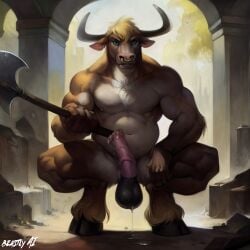 1boy ai_generated animal_genitalia animal_penis anthro axe balls beastlyai big_balls black_balls blonde_hair blue_eyes colosseum ears_down equine_genitalia equine_penis genital_fluids genitals holding_weapon hooves horns horse_penis horsecock medial_ring minotaur monster muscular muscular_male nose_ring penis pink_penis precum precum_drip precum_on_ground ruins slightly_chubby solo solo_male squatting stable_diffusion testicles weapon