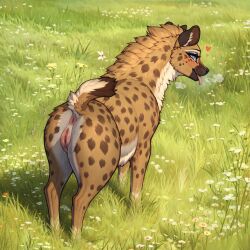 1:1 ai_generated anus blue_eyes colored detailed detailed_background female feral genitals hi_res hyaenid hyena lungfish1223 mammal presenting pussy raised_tail solo spotted_hyena tongue tongue_out zoophilia