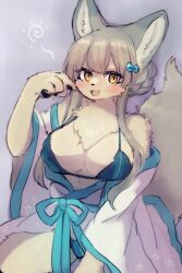 1girls 2023 big_breasts blush bra breasts chest_fur cream_body cream_fur cream_hair female female_only fluffy_tail furry furry_only hazel_eyes huge_breasts inner_ear_fluff japanese_clothes kemono looking_at_viewer mokumokuuma nipple_bulge panties simple_background tail