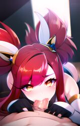 ai_generated big_penis deepthroat elbow_gloves fellatio hair_ornament jinx_(league_of_legends) league_of_legends long_hair looking_at_viewer pov red_hair star_guardian_jinx star_guardian_series twintails yellow_eyes