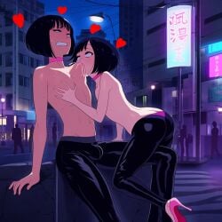 ai_generated bob_cut breastfeeding bulge butt_crack chest_grab femboy gay goth hearts lactation nipple_stimulation novelai sucking_nipples sustaco topless