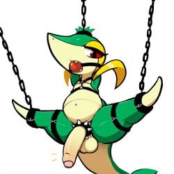 1:1 accessory ai_generated anthro ball_gag balls belly bondage bondage bound chains cock_ring erection foreskin gag gagged generation_5_pokemon genitals green_body harness hellsonger hi_res humanoid_genitalia humanoid_penis jewelry male navel nintendo nude penis penis_accessory penis_jewelry pokemon pokemon_(species) red_eyes reptile restraints scalie simple_background snivy solo spikes spread_legs spreading submissive submissive_male suspension white_background