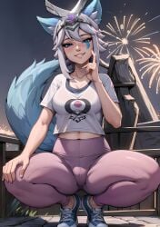 ai_generated animal_ears blue_eyes blush female fireworks hair_between_eyes io_(paladins) looking_at_viewer medium_breasts night outdoors paladins shirt shoes short_hair smile solo spread_legs squatting stable_diffusion tail