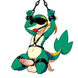 1:1 ai_generated anthro ball_gag balls biped blindfold bodily_fluids bondage bondage bound chains clothing cock_ring cuff_(restraint) erection foreskin gag gagged generation_5_pokemon genitals glans green_body harness hellsonger hi_res humanoid_genitalia humanoid_penis kneeling lizard male navel nintendo penis penis_accessory penis_jewelry pokemon pokemon_(species) reptile scalie simple_background snivy solo submissive submissive_male white_background