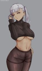 1girls belly big_breasts black_clover black_legwear grey_background noelle_silva pantyhose partially_clothed pink_eyes simple_background thick_thighs twintails underboob white_hair yomichiboy