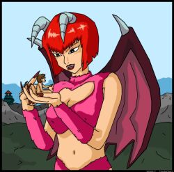 1boy 1girls big_breasts breasts giantess height_difference horns light-skinned_female light-skinned_male light_skin monster_farm pixie_(monster_farm) red_hair scared scared_expression short_hair size_difference thor66 wings