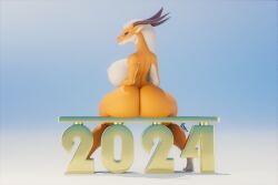 2024 3d_(artwork) anthro ass big_breasts big_butt breasts digital_media_(artwork) dragon female hi_res huge_breasts huge_butt new_year nipples nude orange_body pupils rear_view rumakis sitting solo thick_thighs year_of_the_dragon