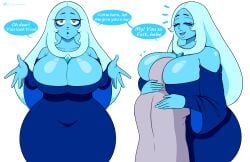 big_breasts blue_body blue_diamond_(steven_universe) blue_eyes blue_hair breast_smother cartoon_network cleavage diamond_authority dress female gem_(species) height_difference hug huge_breasts larger_female milf size_difference smaller_male speech_bubble startop steven_universe text wide_hips