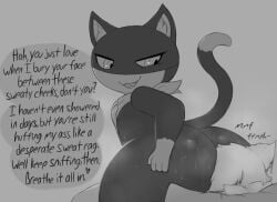 anthro ass atlus balls bedroom_eyes big_ass black_body black_fur bodily_fluids butt_smother clothing dirty_talk domestic_cat dominant english_text facesitting felid feline felis fur genitals half-closed_eyes hand_on_butt hand_on_chest hi_res kerchief kierus looking_back male male_only mammal markings mask megami_tensei megami_tensei_persona morgana_(persona) musk narrowed_eyes nude seductive sega simple_background sitting_on_another smelly smile smothering smug smug_face sniffing_request sweat sweaty_butt tail tail_markings teasing text tuxedo_cat uncensored white_body white_fur