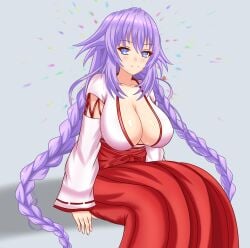 blue_eyes blush braid breasts cleavage commentary_request expirednepbull female hair_ornament hair_tubes hakama hakama_skirt highres japanese_clothes large_breasts long_hair looking_at_viewer miko neptunia_(series) power_symbol purple_hair purple_heart_(neptunia) red_hakama ribbon-trimmed_sleeves ribbon_trim skirt solo symbol-shaped_pupils twin_braids very_long_hair wide_sleeves