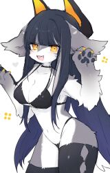 1girls 2023 anthro bangs big_breasts black_hair blue_hair bra breasts claws cute cute_fang female female_only furry furry_only grey_body grey_fur hime_cut horns long_hair looking_at_viewer navel open_mouth orange_eyes panties paws simple_background spommmm stockings white_fur wholesome