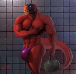 anthro biceps big_muscles black_skin bulge claws fangs green_eyes grin looking_at_viewer male male_only moobs muscles nipples pec_grasp pecs pose pulsar pulsar_(character) purple_thong red_skin reptile scales scalie smile solo standing teeth thong toned topless tyrannosaurus tyrannosaurus_rex veiny_penis