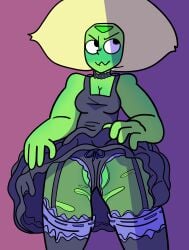 1girls 2023 black_dress blush cartoon_network choker cleavage drawinecchi drawinecchi2 dress dress_lift fully_clothed gem_(species) green_body green_skin panties peridot_(steven_universe) purple_background ripped_clothing ripped_pantyhose self_upload showing_panties simple_background simple_shading solo steven_universe stockings suggestive