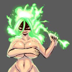 big_breasts boku_no_hero_academia covered_nipples covering_breasts curvy_female fire green_hair huge_breasts kamiji_moe my_hero_academia