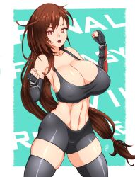 abs bare_shoulders black_tank_top breasts brown_eyes brown_hair cleavage clenched_hands commentary_request elbow_gloves expirednepbull female final_fantasy final_fantasy_vii final_fantasy_vii_remake fingerless_gloves gloves highres huge_breasts large_breasts long_hair low-tied_long_hair midriff open_mouth shirt short_shorts shorts solo tank_top taut_clothes taut_shirt thighhighs tifa_lockhart very_long_hair