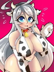 big_breasts blue_eyes blush breasts cow_ears fake_animal_ears female female_focus female_only gray_hair grey_hair mralee nipples nun_outfit original original_character pink_background shy tagme yulina_(mralee)