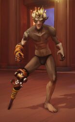 abs almost_naked biceps black_nails black_thong blonde_hair dirty evil_smile junkrat maddogfan male_only orange_eyes overwatch pegleg photoshop tattoo