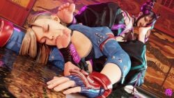 2girls 3d barefoot cammy_white closed_eyes feet female female_only foot_fetish foot_focus foot_lick foot_worship fully_clothed juri_han no_penetration ryona-ashi soles street_fighter street_fighter_6 sucking_toes toes yuri