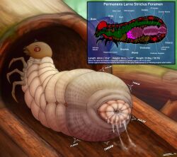 1girls anatomy anatomy_chart animal_genitalia arthropod arthropod_abdomen arthropod_abdomen_cloaca arthropod_abdomen_genitalia bodily_fluids cloaca cloaca_juice cloaca_juice_string cross_section detailed_background female_only feral from_behind full_body genital_fluids genitals grub_(insect) hi_res insect insects internal larva looking_at_viewer looking_back mandibles pupils red_eyes solo spiracles surprised_expression uncensored white_pupils zevex