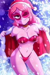 almost_naked armpits big_breasts bikini cartoon christmas christmas_clothing christmas_outfit female_only miss_heed_(villainous) necklace pink_body pink_hair red_bikini snow snowing the-butch-x the_butcher_(artist) villainous