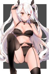 1girls :p absurdres antenna_hair arm_behind_head arm_up armpits azur_lane bangs black_background black_bra black_choker black_gloves black_legwear black_panties blush bra breasts choker cleavage cross female garter_belt garter_straps gloves highres iron_cross knee_up large_breasts lingerie long_hair mole mole_on_breast multicolored_hair navel panties prinz_eugen_(azur_lane) red_hair silver_hair smile solo streaked_hair swept_bangs thighhighs thighs tongue_out two_side_up two_tone_hair underwear underwear_only very_long_hair white_border yellow_eyes yukineko1018