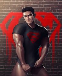 big_biceps bottomless conner_kent covering_crotch dc dc_comics kon-el male male_only muscles muscular muscular_male nerdyart posing superboy teen_boy