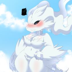 big_breasts blue_eyes blush cleavage female heavymetalpapi papilrux pokémon_(species) pokemon reshiram tagme tail white_fur white_hair