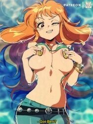 1girls areolae big_breasts bikini bikini_top bikini_top_lift bluethebone blush breasts brown_eyes coins curvy female female_only grin jeans log_pose long_hair looking_at_viewer lying_down lying_in_water money nami_(one_piece) navel nip_tease nipple_play nipple_rub nipples on_back one_piece orange_hair retro_artstyle rubbing_nipples seductive shounen_jump slim slim_waist solo striped_bikini water wink