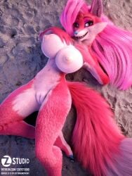 2022 3d_(artwork) anthro areola beach bedroom_eyes big_breasts blue_eyes blue_nose breasts canid canine canis denisse_(crackiepipe) digital_media_(artwork) english_text erect_nipples eyebrows eyelashes female fox fur furry furry_only genitals hair hi_res huge_breasts inner_ear_fluff long_hair long_tail looking_at_viewer lying mammal naked narrowed_eyes navel nipples nude on_back on_side outside photorealism pink_areola pink_body pink_fur pink_hair pink_nipples presenting presenting_breasts presenting_pussy pussy sand seaside seductive solo tail text tuft url zorryn