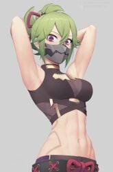 1girls abs genshin_impact green_hair kuki_shinobu kunoichi mask midriff muscular muscular_female ninja purple_eyes putcher solo_female