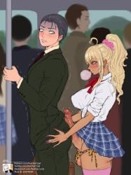 1boy 1futa 2019 ahoge animal_print balls balls_in_panties big_breasts big_penis biting_lip blonde_hair blowing_bubblegum blush breasts bubble_gum clothed clothing dark-skinned_futanari dark_skin duo erection feather-coat fingernails futa_on_male futanari grinding groping groping_from_behind gyaru huge_cock human large_breasts large_penis leopard_print leopard_print_panties light-skinned_male light_skin long_fingernails male molestation mostly_clothed older_male panties penis penis_out pink_nails pink_socks public public_nudity public_transportation school_uniform skirt socks standing suit thigh_socks thighhighs train younger