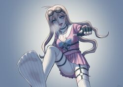 1girls absurd_res ahoge barbed_wire blonde_hair blue_eyes blush bow choker cleavage danganronpa danganronpa_v3 feet female female_focus female_only fingerless_gloves goggles hair_between_eyes iruma_miu long_hair looking_at_viewer looking_down new_danganronpa_v3 pale_skin panties pointing_at_viewer pov pov_feet school_uniform simple_background solo steam stockings straight_hair thighs tongue tongue_out upskirt viewed_from_below white_panties zou