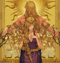 1boy 1girls armbands big_breasts blonde_hair circlet cleavage deity dress elden_ring fromsoftware goddess godwyn_the_golden gold_(metal) gold_jewelry halo mother_and_son muscular_male painting_(artwork) queen_marika_the_eternal revealing_clothes tachiloltachi