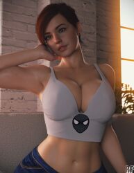 1girls 3d absurd_res arm_up armpit breasts brown_eyes cleavage female female_only fully_clothed hand_behind_head hi_res jeans large_breasts light-skinned_female linea_alba marvel mary_jane_watson mary_jane_watson_(insomniac) midriff parted_lips red_hair rude_frog seductive shirt short_hair sleeveless_shirt solo spider-man_(ps4) spider-man_(series) tank_top