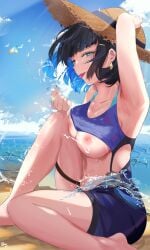 arm_up armpits bangs bare_legs barefoot beach bird black_hair blue_hair breasts bug butterfly cleavage cloud collarbone earrings eriasii feet_out_of_frame female genshin_impact green_eyes hand_on_headwear hat highres jewelry large_breasts light_rays looking_at_viewer midriff multicolored_hair navel nipples ocean sand short_hair sitting sky solo splashing stomach straw_hat summer sunbeam sunlight swimsuit tongue tongue_out water yelan_(genshin_impact)