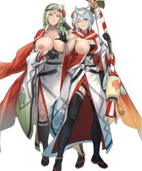 2girls alternate_costume blue_eyes braid braided_ponytail breasts cuboon dagr_(fire_emblem) dagr_(new_year)_(fire_emblem) edit edited_official_artwork female female_only fire_emblem fire_emblem_heroes green_hair grey_eyes hair_over_shoulder huge_breasts long_hair multiple_girls nintendo nott_(fire_emblem) nott_(new_year)_(fire_emblem) nude_edit nude_filter official_alternate_costume official_art short_hair