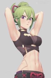 1girls abs genshin_impact green_hair kuki_shinobu kunoichi midriff muscular muscular_female ninja purple_eyes putcher solo_female