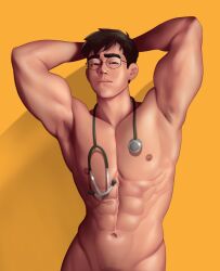 abs big_biceps covered doctor flexing glasses hands_behind_head male male_only medical muscles muscular muscular_male nerdyart pecs sinseong_(nerdyart) solo solo_male stethoscope teasing twitter_user_oc