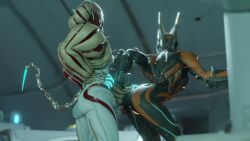 1futa 1girls 3d athletic_female athletic_futanari bent_over big_ass big_butt big_penis female futa_on_female futanari glowing_genitalia looking_back low-angle_view no_penetration presenting robot robot_girl sumsmutwriter valkyr_(warframe) warframe