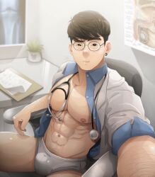 big_pecs black_hair bulge doctor glasses male male_only medical muscles muscular muscular_male nerdyart office selfie sinseong_(nerdyart) stethoscope teasing thick_thighs twitter_user_oc underwear