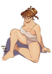 big_breasts female fully_clothed glasses mei_(overwatch) overwatch ponytail scrunchie sitting snowcie snowciel tagme tank_top underwear