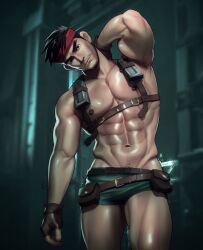 abs belt belts biggs_(ff7) bulge final_fantasy final_fantasy_vii fingerless_gloves glistening glistening_body harness headband headwear looking_at_viewer male male_only muscles muscular muscular_male nerdyart posing pouch shirtless short_shorts